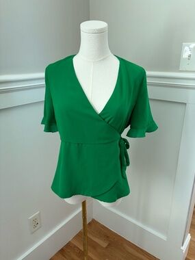 Zara Trafaluc Green Wrapt Blouse Flutter Sleeve Tie Waist Size S